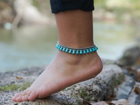 Turquoise Teardrop Bead Boho Silver Anklet For Cheap