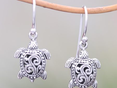 Ancient Turtle Sterling Silver Sea Turtle Dangle Earrings from Bali For Sale