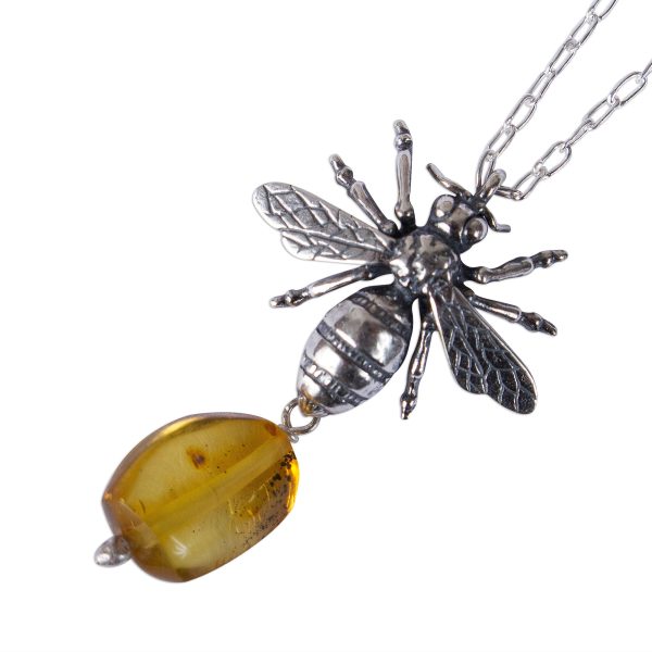 Worker Bee Bee-Themed Amber Pendant Necklace from Mexico For Cheap