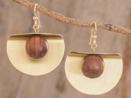 Winking Moon in Brass Brass and Wood Bead Dangle Earrings with 18K Gold Hooks For Discount