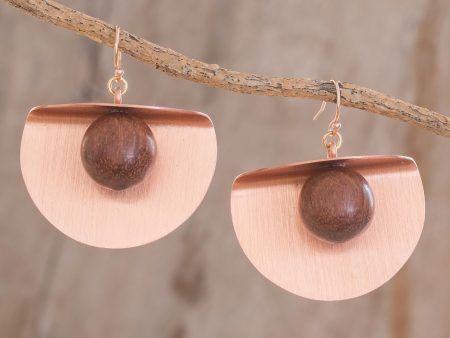 Winking Moon in Copper Copper and Wood Bead Dangle Earrings with 18K Gold Hooks Online now