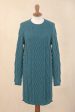 Winter Teal Baby Alpaca Teal Cable Knit Tunic Sweater Dress For Discount