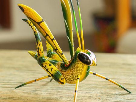 Yellow Good Luck Cricket Wood Alebrije Cricket Sculpture in Yellow from Mexico Online Hot Sale