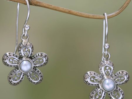 White Forget-Me-Not Pearl and Sterling Silver Flower Dangle Earrings For Discount