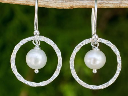 Twin Moons White Pearls Earrings Crafted with Hammered Sterling Silver Cheap