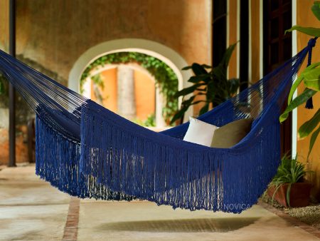 Yucatan Dreams Fringed Navy Cotton Rope Hammock (Double) From Mexico Supply