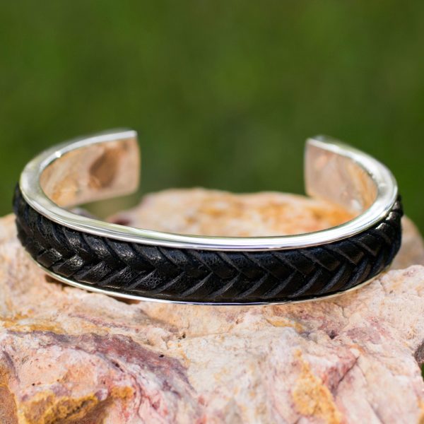 Rancho Black Taxco Silver Hand Crafted Cuff with Black Leather Braid Online