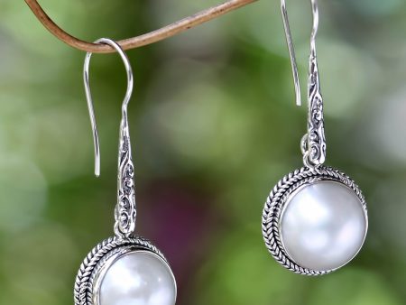 White Camellia Cultured Mabe Pearl Dangle Earrings from Bali Hot on Sale