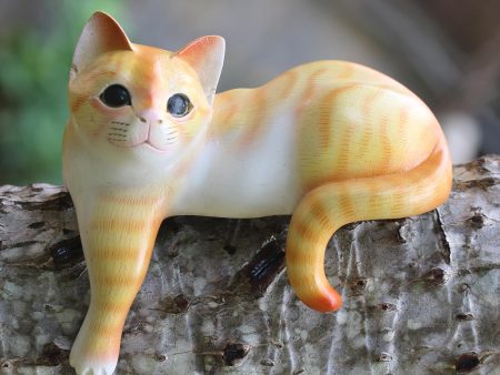 Watchful Orange Cat Painted Suar Wood Sculpture of an Orange Cat from Bali Fashion