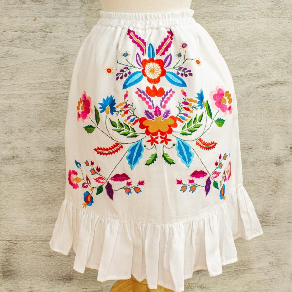 Bright Oaxaca Blossoms Colorful Hand Embroidered White Cotton Ruffled Skirt Online Hot Sale