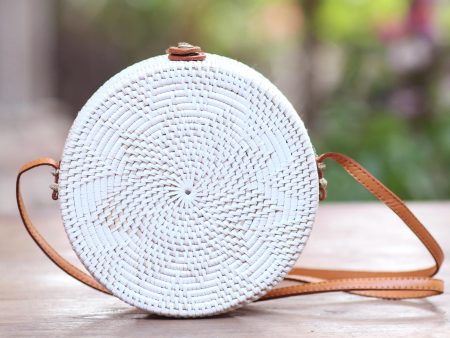 White Flower White Flower Pattern Round Woven Bamboo Shoulder Bag Fashion