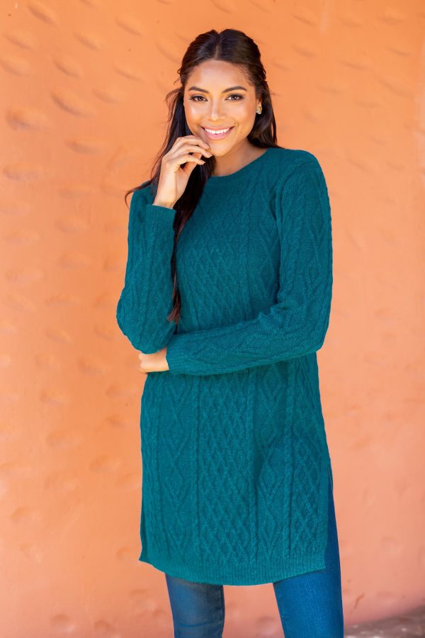 Winter Teal Baby Alpaca Teal Cable Knit Tunic Sweater Dress For Discount