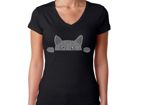 Peeking Cat  - Women s Word Art V-Neck T-Shirt Hot on Sale